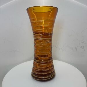 Murano Style Amber Threaded Art Glass Vase Hand-Blown Studio Glass MCM